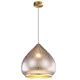 Jowjut Moroccan Pendant Light Fixture Gold Kitchen Island Hanging Light Silver Moroccan Dining Room Light Fixture Vintage Turkish Pendant Lighting for Farmhouse, Living Room, 1-Light