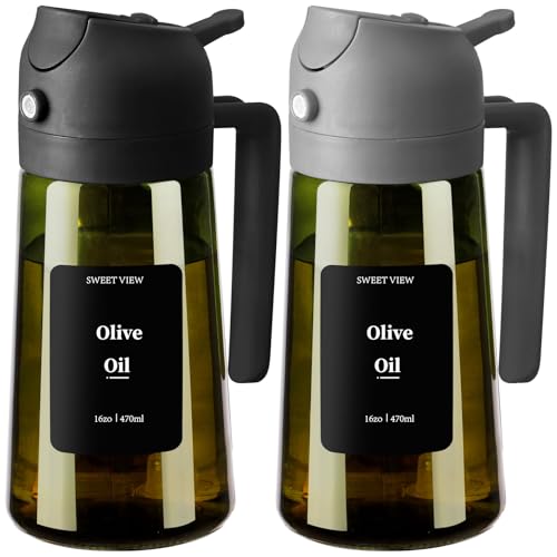 2 Spruzzatore Olio e Distributore Olio, 470 ml, in vetro resistente alla luce, per cucina, friggitrice ad aria, cucina, insalata e barbecue
