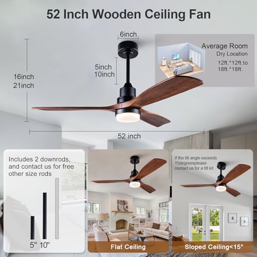 Image of 52 Inch Outdoor Ceiling Fans with Lights and Remote Control, Dimmable Outdoor Ceiling Fans for Patios 3 Blade Wood Black Walnut Bedroom Ceiling Fan with Light, Wall Switch