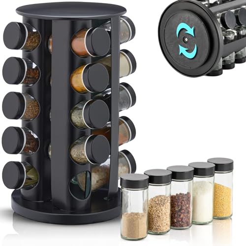 EliteHoff Carrousel à épices, Étagère à épices rotative en acier inoxydable, Tourniquet à épices ronde, Ensemble de pots à épices noir (20 pots)