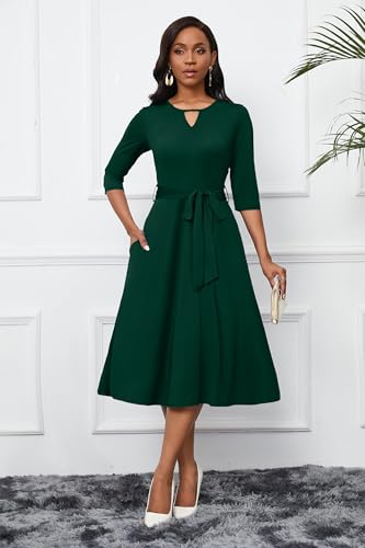 Image of CLOCOR Midi Dresses for Women Casual A-Line Fit and Flare Dress Crewneck 3 /4 Sleeve Keyhole Cocktail Party Church Dress