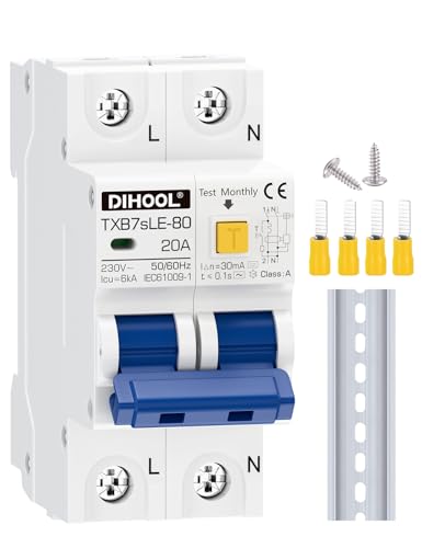 DIHOOL FI Schutzschalter 1P+N 20A 30mA Typ A 230V/AC Fehlerstromschutzschalter Rohs Leitungsschutzschalter FI-Schalter Sicherungsautomat