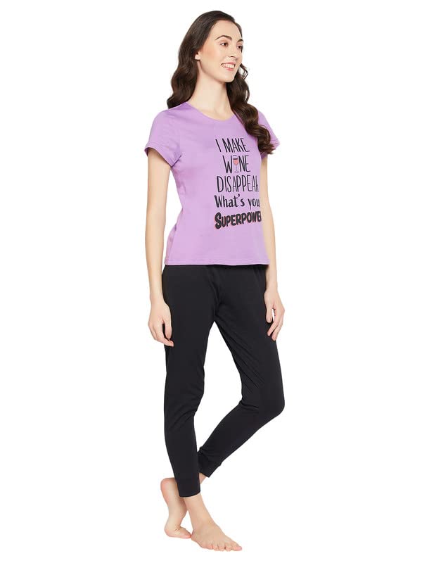Image of Clovia Women's Cotton Text & Graphic Print Relaxed Top & Solid Jogger Pyjama Set