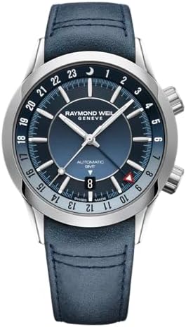 RAYMOND WEIL Freelancer GMT Men&#39;s Watch, 24 Time Zones, Blue Gradient Dial, Indexes, Stainless Steel Case, Genuine Blue Leather Strap, 41mm (Model: 2761-STC-50001)