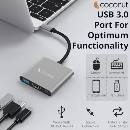Image of coconut USB C 3 in 1 Dock A Hub | Type C to HDMI 4k Adapter / USB3.0 / USB C Female for Laptop, Desktop, Large Screen of Any HDMI Monitor, TV, Projector, Plug & Play, Portable