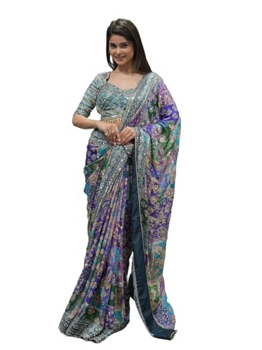 Image of Women's Soft Chinnon Silk Digital Print Saree with Embroidery and Real Mirror Work, Designer Traditional Saree with Elegant Piping Border and Unstitched Blouse