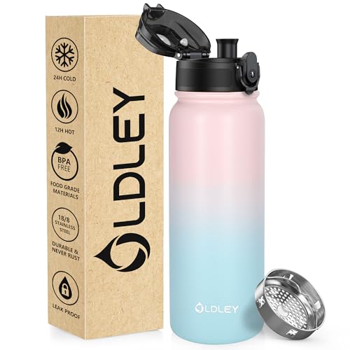 OLDLEY 600ml/20oz Stainless Steel Water Bottle Double Walled Vacuum Flask Keeps Drink Hot and Cold Leakproof BPA Free 600ML Metal Insulated Water Bottle for Sport School Work Hiking (Pink Blue)