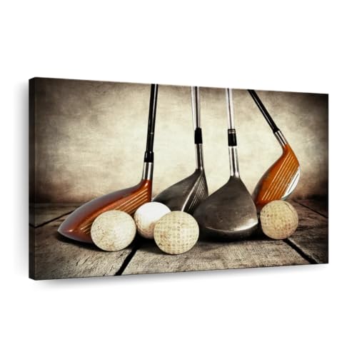 ElephantStock Golf Sets Canvas - 1 Panel Sports Wall Decor - Silver-Yellow Canvas Art - Vintage Sports Wall Decor for Men - 51" X 34"