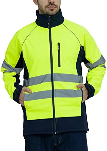 WORK IDEA Men's Safety Jacket High Visibility Reflective Softshell Jacket Hi-Vis Waterproof and Windbreaker with Fleece Lined(Yellow)