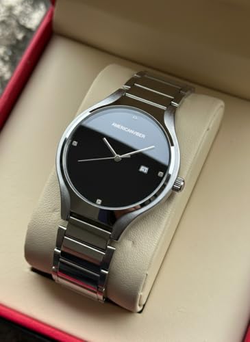 Image of AMERICANVIBER Men's Minimalist Watch, Silver Stainless Steel, White Dial with Crystal Accents, Analog Quartz Movement, Date Window For Men