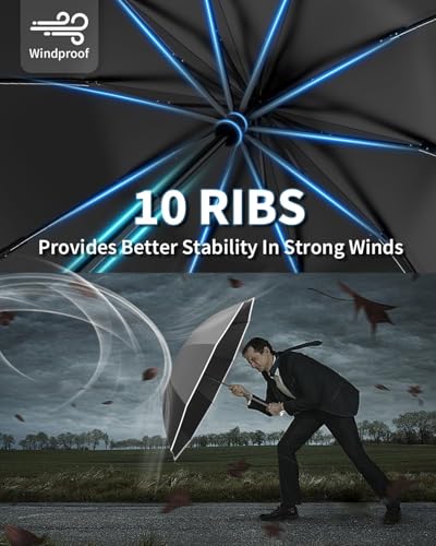 Image of ANYCHO Inverted Umbrella for Men, 3 Fold for Travel with Reflective Stripe 10 Ribs, 45 Inch Windproof & UV Protection Small Folding Umbrella with Auto Open and Close, Portable Car Umbrella for Women