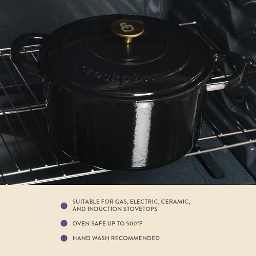 Image of Crock Pot Artisan 7-Quart Round Cast Iron Dutch Oven with Lid - Black Enamel Finish, Gold Knob, Durable Heavy-Duty Cookware for Slow Cooking, Baking, and Roasting