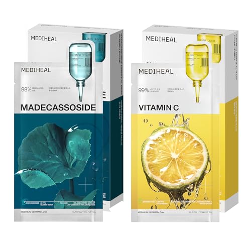Image of MEDIHEAL Korean Face Mask Duo : Madecassoside & Vitamin C Essential Sheet Mask Set for Dark Spot Care & Brightening, Korean Skincare, Korean Skincare Set, 20 Pcs