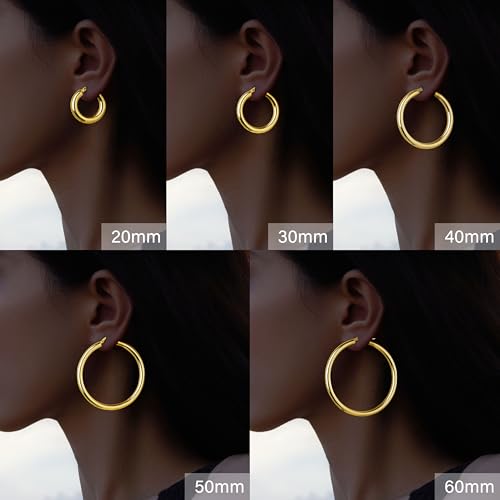 5 MM Wide Thick Chunky Gold Hoop Earrings for Women Trendy, Hypoallergenic Large Big Hoops with Sterling Silver Posts, Lightweight Hollow Tube Real Gold Hoop Jewelry 30/40/50/60/70 MM4