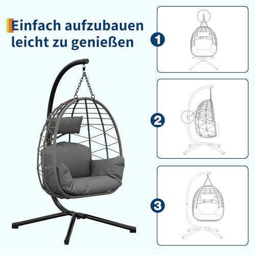 Hängesessel mit Gestell Outdoor bis 150 kg belastbar, Rattan Hängesessel mit Metallgestell, ideal als Hängesitz Indoor mit Gestell für Garten, Terrasse & Balkon Grau