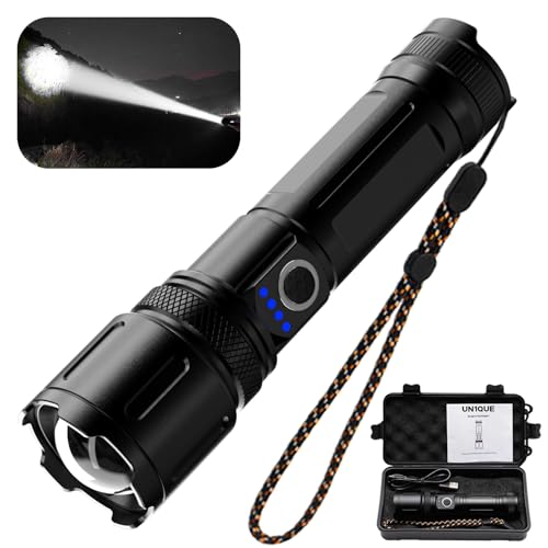 Image of UN1QUE 20000 Lumens High Power Torch Light, Torch Rechargeable with 4 Light Modes, Adjustable Focus Flashlight, IP45 Water-Resistant, Black