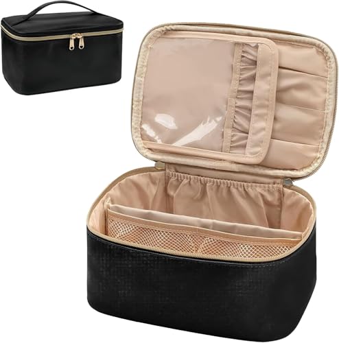Neceser de cosméticos para mujer, bolsa de maquillaje grande portátil, organizador con divisor y asa, estuche de belleza (negro), Negro, Bolso
