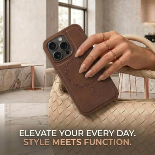 Image of amazon basics Premium PU Leather Case for iPhone 14 Pro, MagSafe Compatible Magnetic Ring, Sleek Protective Back Cover - [Brown]