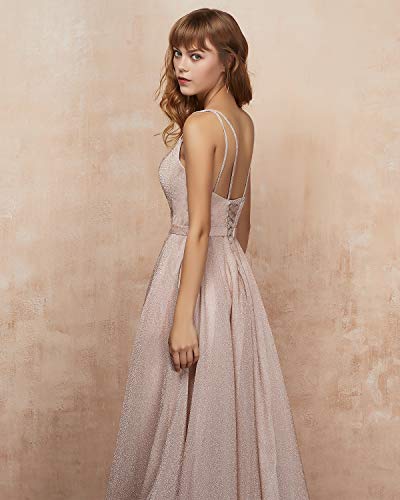Image of V-Neck Prom Dresses for Women 2025 with Slit A Line Spaghetti Strap Sparkly Formal Party Evening Gown with Pockets,Silver,US16W