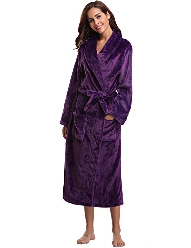Aibrou Women's Robes Warm Soft Plush Coral Fleece Bathrobe Ladies Long Robes Housecoats Winter Sleepwear