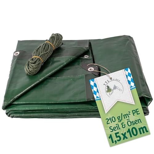 TTL Garden Premium Abdeckplane 1,5x10m 210g/m² grün + 25m Seil - reißfest wasserdicht mit Ösen PE Gewebeplane verstärkte Ecken & Kanten wetterfest UV-beständig Schutzplane Holz Abdeck Plane Tarp TTL Garden Premium Abdeckplane 1,5x10m 210g/m² grün + 25m Seil - reißfest wasserdicht mit Ösen PE Gewebeplane verstärkte Ecken & Kanten wetterfest UV-beständig Schutzplane Holz Abdeck Plane Tarp