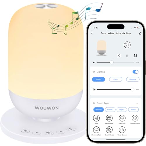 WOUWON Intelligent Machine à bruit blanc pour sommeil de bébé et adulte avec 34 sons apaisants, Veilleuse douce pour l'alimentation, Réveil programmes et minuterie, Contrôle Tuya Smart APP