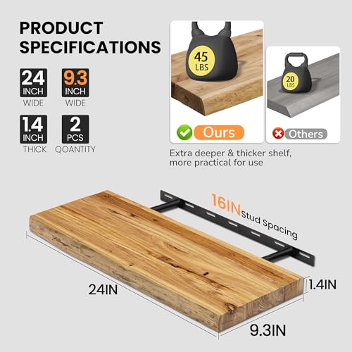 Image of Fun Memories Floating Shelves for Wall, 24 inchx9.3 inch Solid Wood Floating Live Edge Shelf, Heavy-Duty Wall Shelf with Invisible Brackets, Set of 2 for Living Room, Bedroom, and Kitchen, Natural Finish