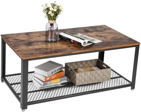 VASAGLE Coffee Table Center with Storage Shelf, Wood Look Accent with Metal Frame, RusticBrown ULCT61X