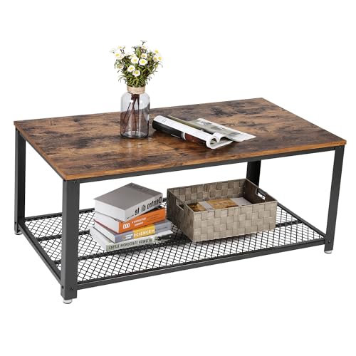 VASAGLE Coffee Table for Living Room, 2-Tier Cocktail Table, Center Table with Mesh Shelf, Steel Frame, Adjustable Feet, Industrial Style, Rustic Brown and Black ULCT61X