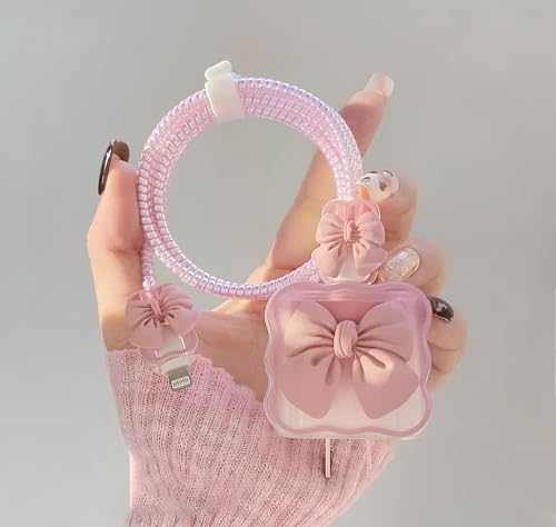 Image of skysia Bow Charger Protector for 18W 20W iPhone Chargers - Silicone Cable Saver Sleeve | Protective Cute 3D Cartoon Cover | USB Adapter Guard & Wire| Wrap Charging Cord Gadgets (Combo) (Blk&PnkBow)