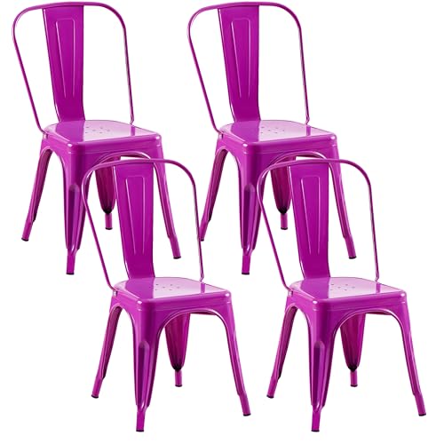 Image of Metal Dining Chairs with Backrest, Stackable, Purple, 4 Pack | Easy Assembly, Non-Slip Feet, 330 lb Capacity, Kitchen, Restaurant, Cafe, Pub, Covered Patio