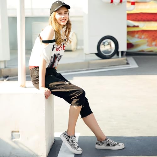 Image of Adokoo Canvas Tennis Shoes for Women Low Top Casual White Black Sneakers for Women Lace Up Fashion Comfortable Walking Shoes
