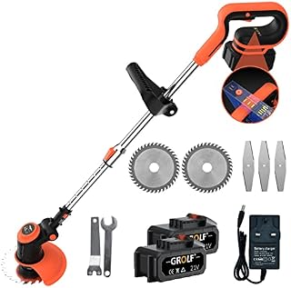 Grass Trimmer Cordless with Metal Blade Battery and Charger, Powerful Garden Strimmer Rechargeable Lightweight Electric Lawn Mower with Heavy Duty Blades, Adjustable Telescopic Handle
