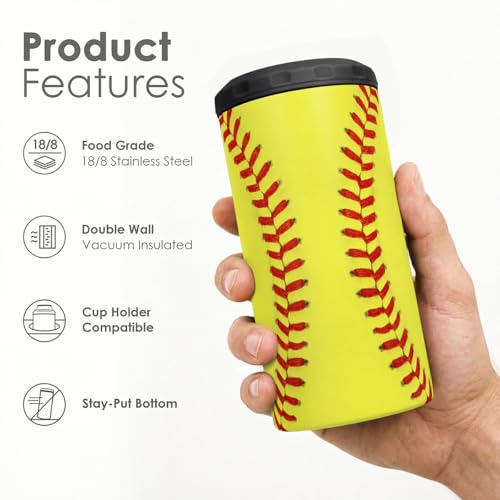 Image of Softball Can Cooler 12oz - Travel Mug Cups - Stainless Steel Insulated for Men Women Players - Tumbler Cans Koozie, Sport Gift for Fan Coach Lovers