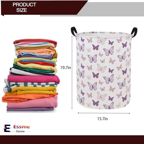 Image of ESSME Butterfly Laundry Basket,Hamper Collapsible Canvas Waterproof Storage Bin,Gift Baskets,(Purple Butterfly)