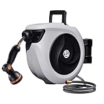 SUNPOW Retractable Garden Hose Reel 1/2 Inch x 33ft - Wall Mounted Hose Reel with 3/4 Inch Brass Fittings & 10-Pattern Nozzle - Auto Rewind System, Any Length Lock, 180° Swivel Bracket