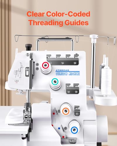 Miniatura 3 de Vevor Máquina De Coser Overlock, 1250 Puntadas Por Minuto, Compatible Con 3 Y 4 Hilos, Con Luz Led Y Pies De Succión Fuertes, Con Marco De Metal Para Varios Tejidos, Blanco, 260 X 270 X 270 Mm