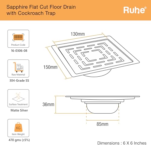 Image of Ruhe Sapphire Square Flat Cut Floor Drain | 304-Grade Stainless Steel with Cockroach Trap (6 x 6 Inches) | Floor Drainer for Bathroom, Balcony