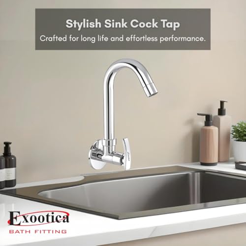 Image of Chrome Finish Silver Sink Cock | Wall Mounted Faucet for Kitchen & Utility Use - Sleek & Durable Design - Soft