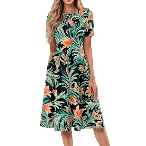 Sommerkleider Damen Leicht Und Luftig Sommerkleid Knielang A Linie Damen Kleider Sommer Mit Tropischem Print Kurzarm Midikleider mit Taschen Bequemes...