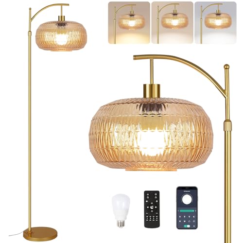 QIYIZM Glass Floor Lamp for Living Room,Bedroom,Gold Dimmable Standing Lamp with Remote,Mid Century Modern Brass Tall Lamp Retro Vintage Lamp Floor Light Boho Bohemian