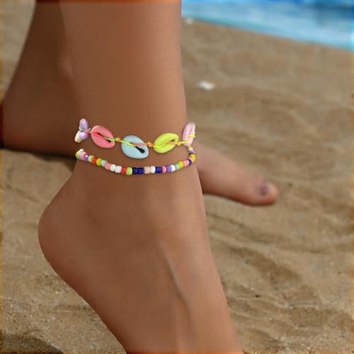 Image of Shell Anklets for Women Shell Beach Jewelry Accessories White Pink Black Flower Ankle Bracelet Summer Vacation Dress Outfits