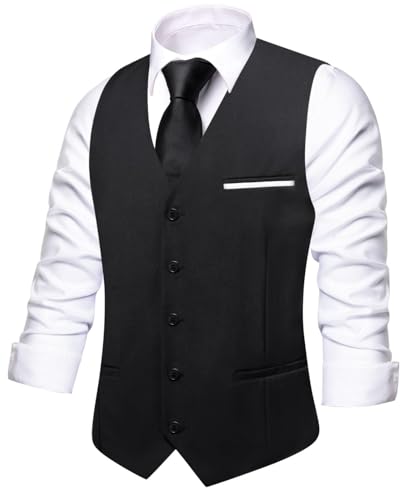 Image of Hi-Tie Men's Formal Suit Vest Solid Fit Vest for Men 3 Pockets V Neck Waistcoat Business Wedding Casual