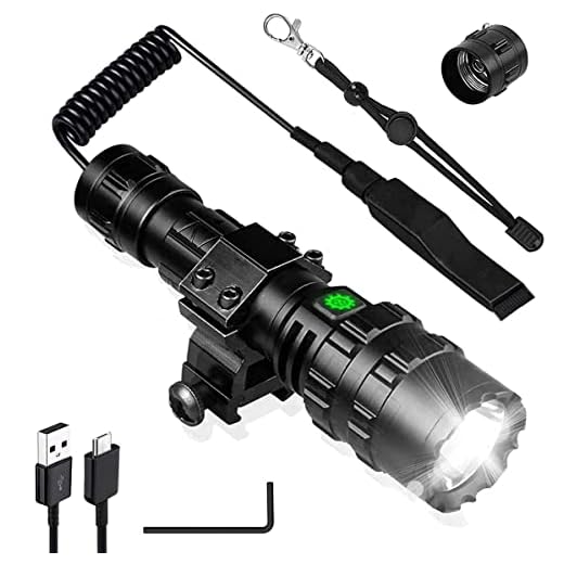 NPKRRSK Tactical Flashlight 3000 Lumens with Picatinny Rails Mount and Pressure Switch, 5 Modes Super Bright USB Rechargeable Flashlight Waterproof Scout Light Torch for Outdoor Hiking
