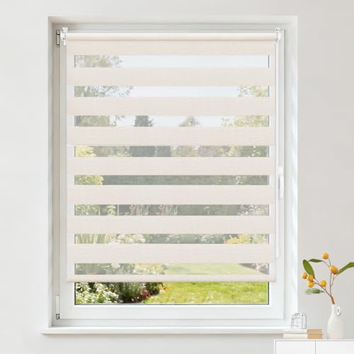 Buseu Store Enrouleur Jour Nuit sans Perçage, Rideau Translucide & Occultant, Fixation Facile par Clips pour Fenêtre ou Porte, Lin, 40l x 150L cm (Largeur du...