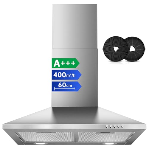 SNDOAS Hotte Aspirante 60cm, 400m³/h Hotte de Cuisine, Classe A+++, Evacuation ou Recyclage, Filtre à Charbon Inclus, 3 Vitesses Hotte Murale, Éclairage LED, Inox