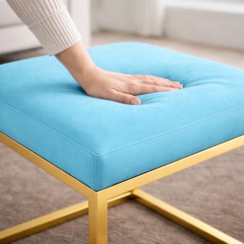 Image of Square Metal Ottoman /Sitting Stool /Living Room Furniture /Office, Velvet Footstool /Footrest Pouffes Home Decor (Sky) - 30.48 Cm, 38 Cm