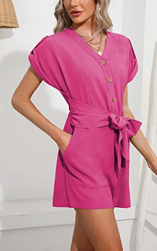 Byinns Women's Summer V Neck Casual Button Belted Rompers Short Sleeve Wrap Beach Short Jumpsuits With Pockets Hot Pink #TOP4