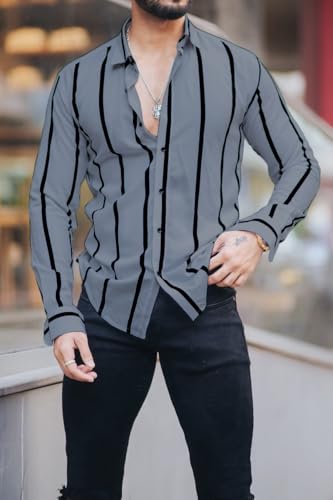 Image of MiraMichi Men's Striped Slim Fit Lycra Shirt | Full Sleeve Stretchable Shirt | Trendy Black and White Vertical Stripes for Casual