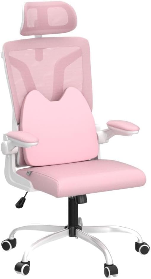 Soontrans Pink Ergonomic Office Chair with lumbar pillow attached